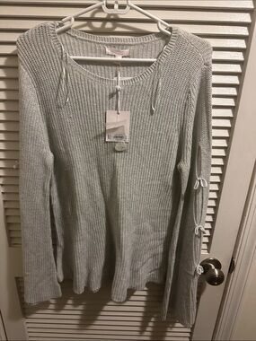 LC Lauren Conrad Light Gray Ribbed Knit Sweater with Tie Detail